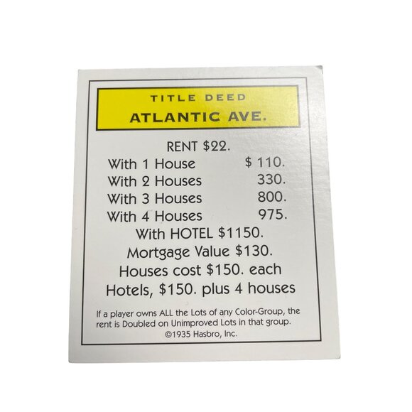 Monopoly Classic Atlantic Ave Property Title Deed Card Replacement u - Picture 1 of 2